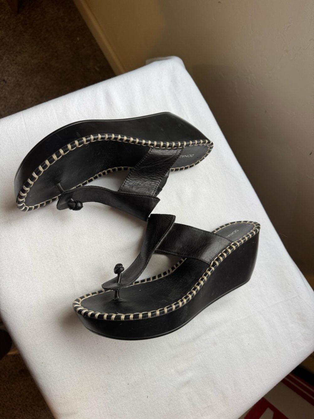 Donald J. Pliner Black Leather Wedge Thong Sandals with Contrast Stitching